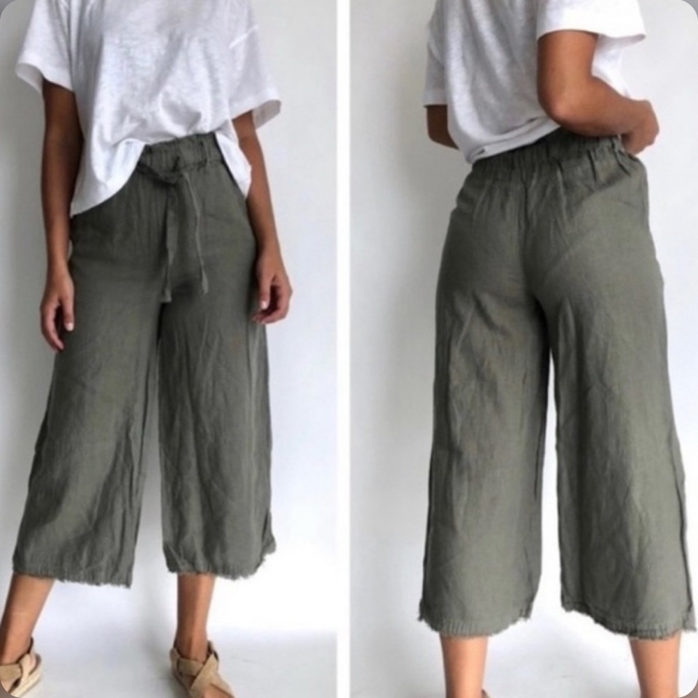 Anthropologie Cloth & Stone Sage Linen Wide-Leg Pants Cinch tie